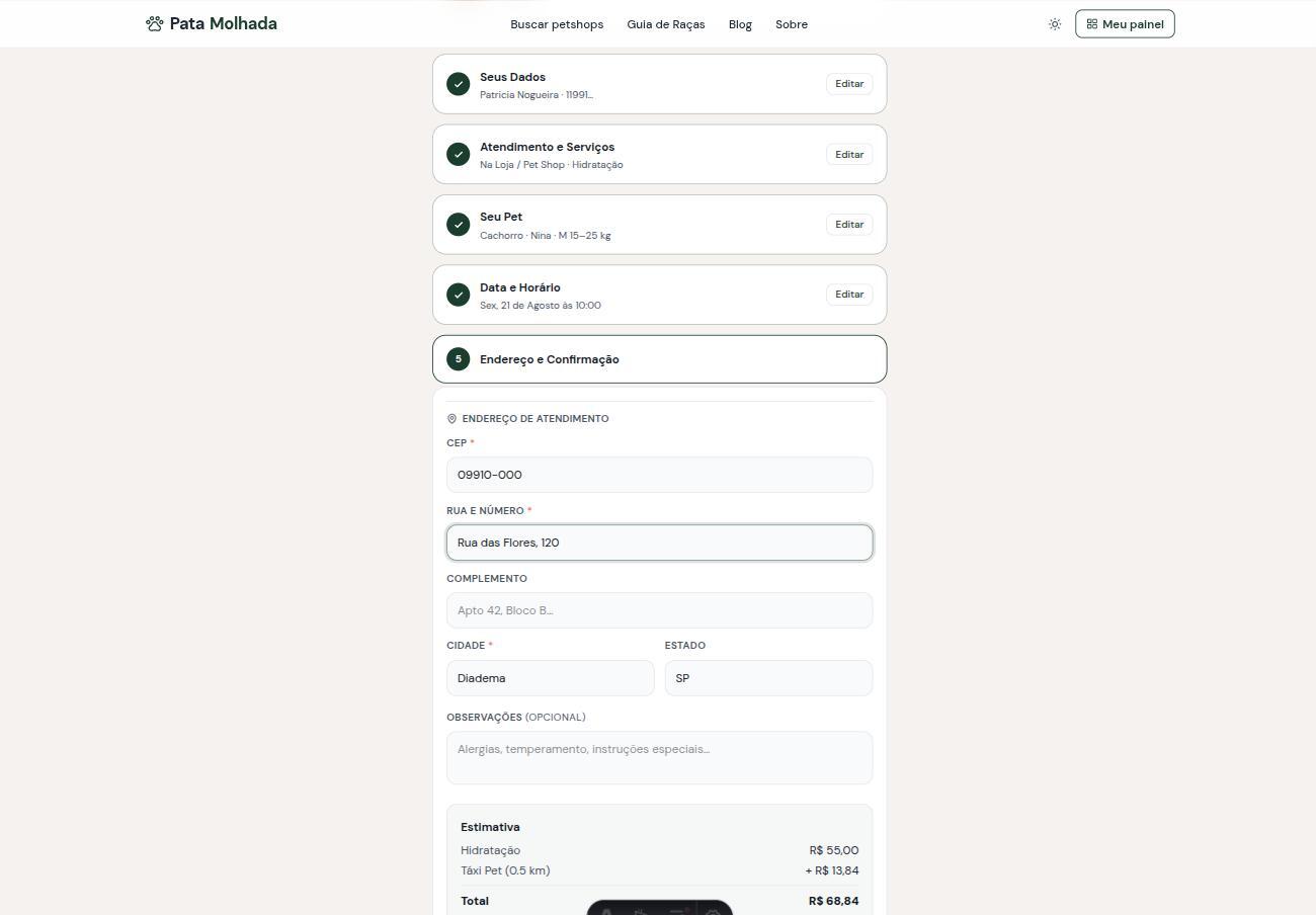 Fluxo público de agendamento com opção de Táxi Pet, visto do lado do cliente/tutor
