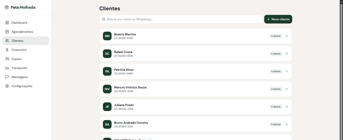 Lista de clientes do Pata Molhada Pro com nome, WhatsApp e número de atendimentos de cada um
