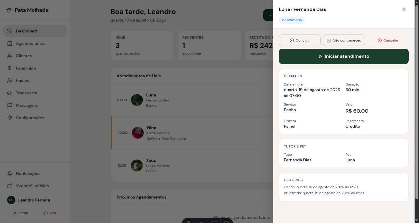 Dashboard do Pata Molhada Pro com agendamentos do dia, receita do mês e agenda de um petshop real
