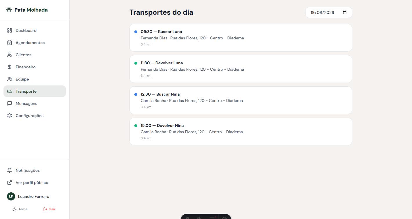 Timeline de transportes do dia do Táxi Pet no Pata Molhada Pro, com horários de busca e devolução