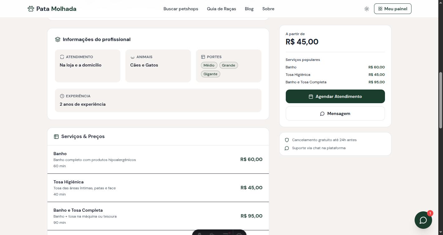 Seção de informações profissionais e serviços com preços do perfil público de um profissional no Pata Molhada